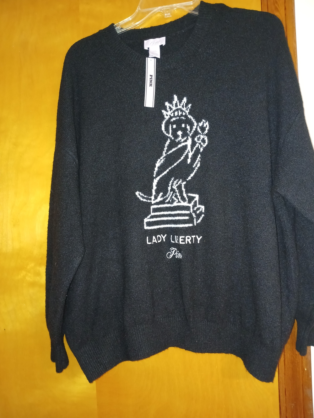 Victoria's Secret PINK Black Crewneck Sweater with White Lady Liberty Graphic